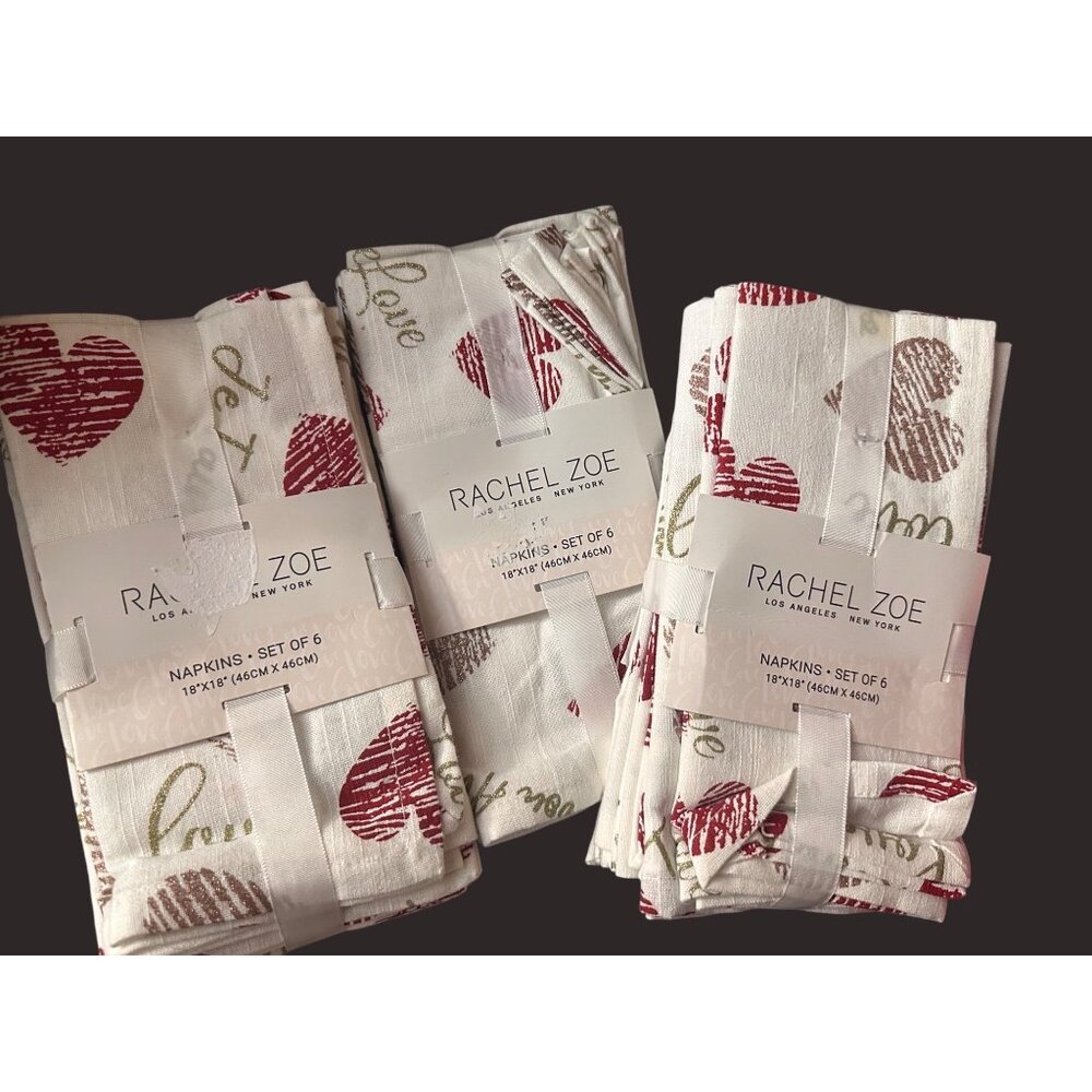 Set Of‎ 6 Rachel Zoe Cotton Napkins With Heart & Love Design 18"x18"
